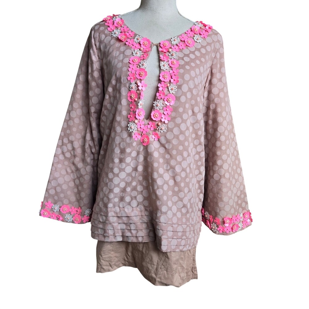 Manoush Sz 4 Embellished Mini Beige Pink Layered‎ Long Sleeve Tunic Cotton Dress
